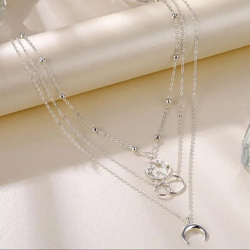 Silver World & Moon Layered Necklace